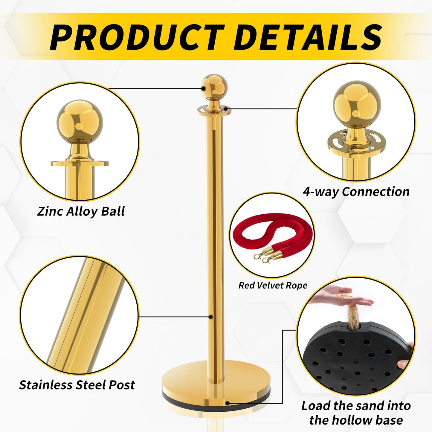 Crowd Control Stanchion, Rope Safety Barriers with 5 ft Red Rope, Red Carpet Poles for Theaters Hotels Clubs Party Ceremony, 4PCS