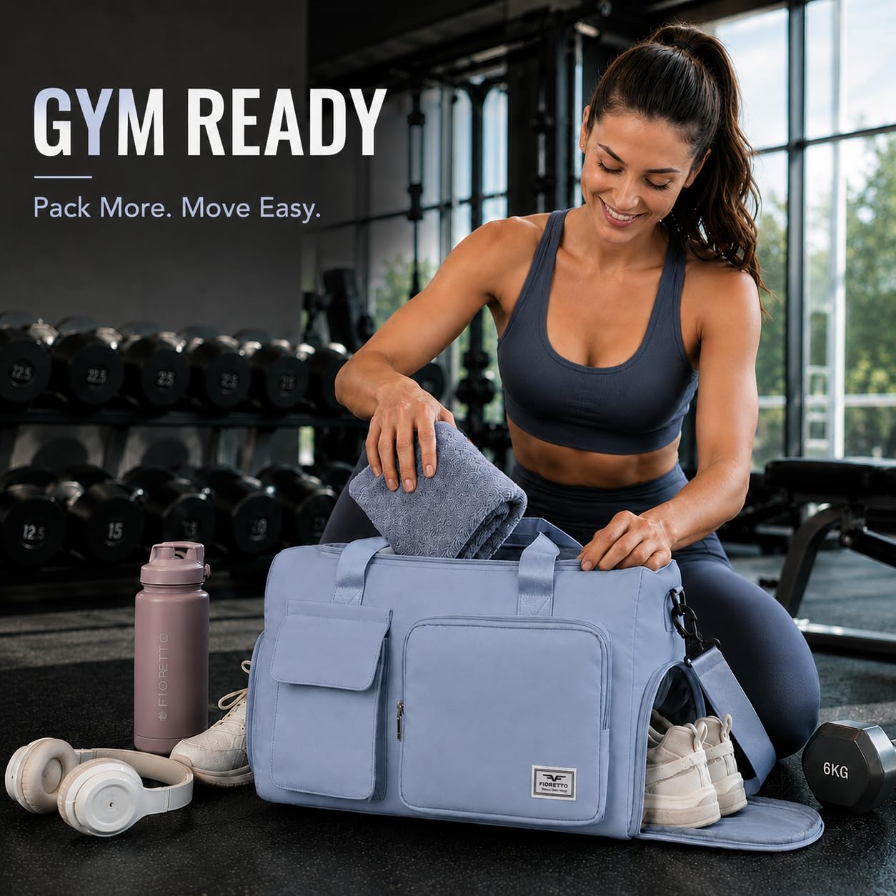 FIORETTO Women's Gym Duffle Bag with Shoes Compartment, 30L Capacity, Ideal for Travel, Gym, Sports, Duffel, Weekender, Blue