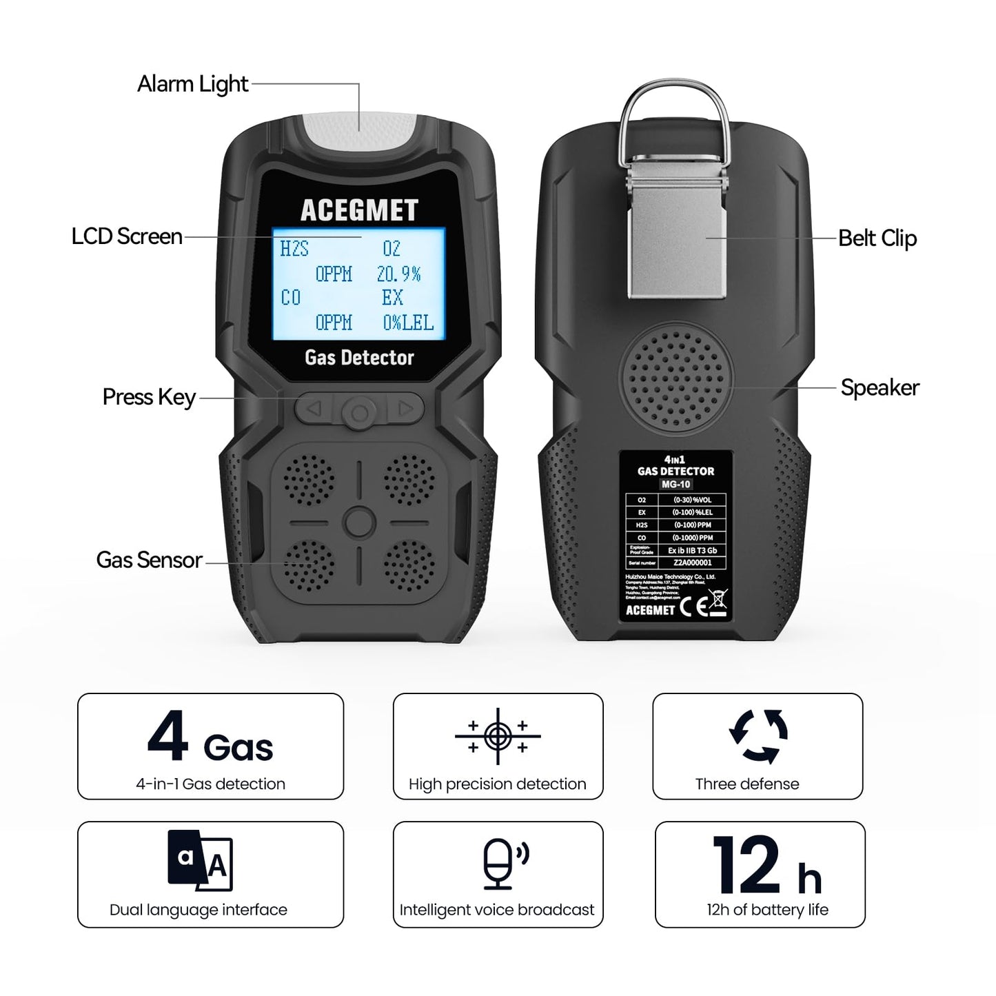 ACEGMET Gas Detector, 4 Gas Monitor Multiple Indicator (Vibration, Audible, Visual) H2S, O2, CO and LEL 4 Gas Monitor Personal Rechargeable 4 Gas Meter 2 Years of Sensor Life Gas Sniffer