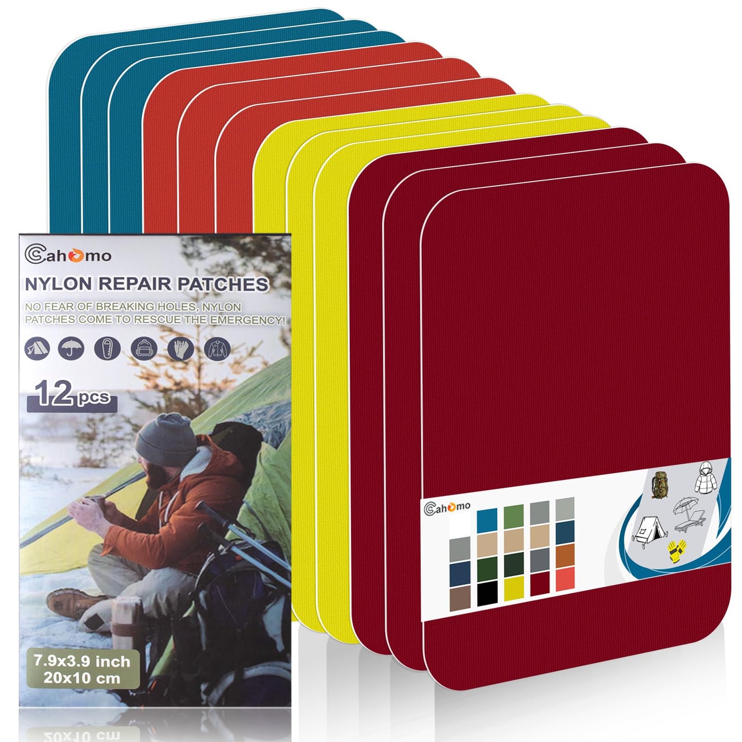 Cahomo 7.9x3.9 inch 12 PCS Nylon Repair Patch Nylon Repair Tape Self Adhesive Fabric Tapes Outdoor Camping Gear Fabric kit for Tent, Umbrella, Down Jackets, Sleeping Bag, Knapsack (Color Set C)