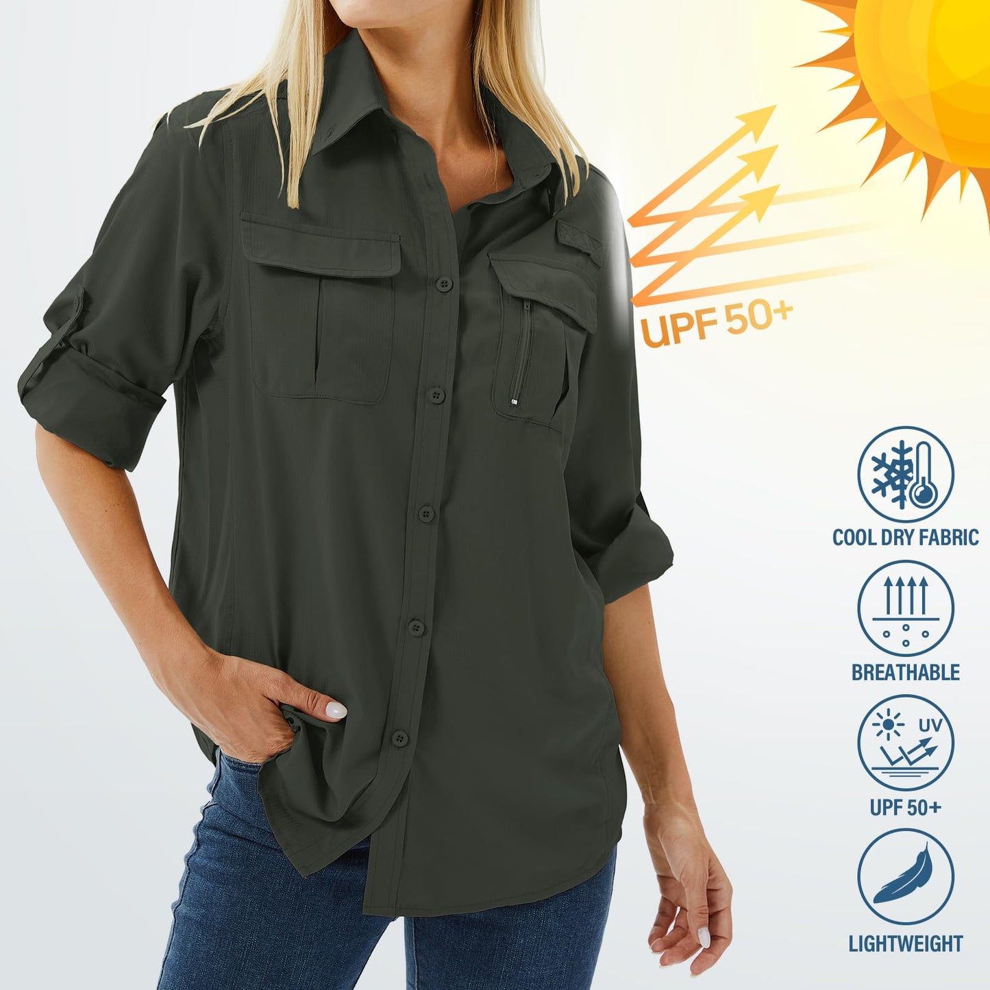 Toumett Women's UPF 50 Long Sleeve UV Sun Protection Safari Shirts Outdoor Quick Dry Fishing Hiking Travel Shirts(Amy Green,L,5071)