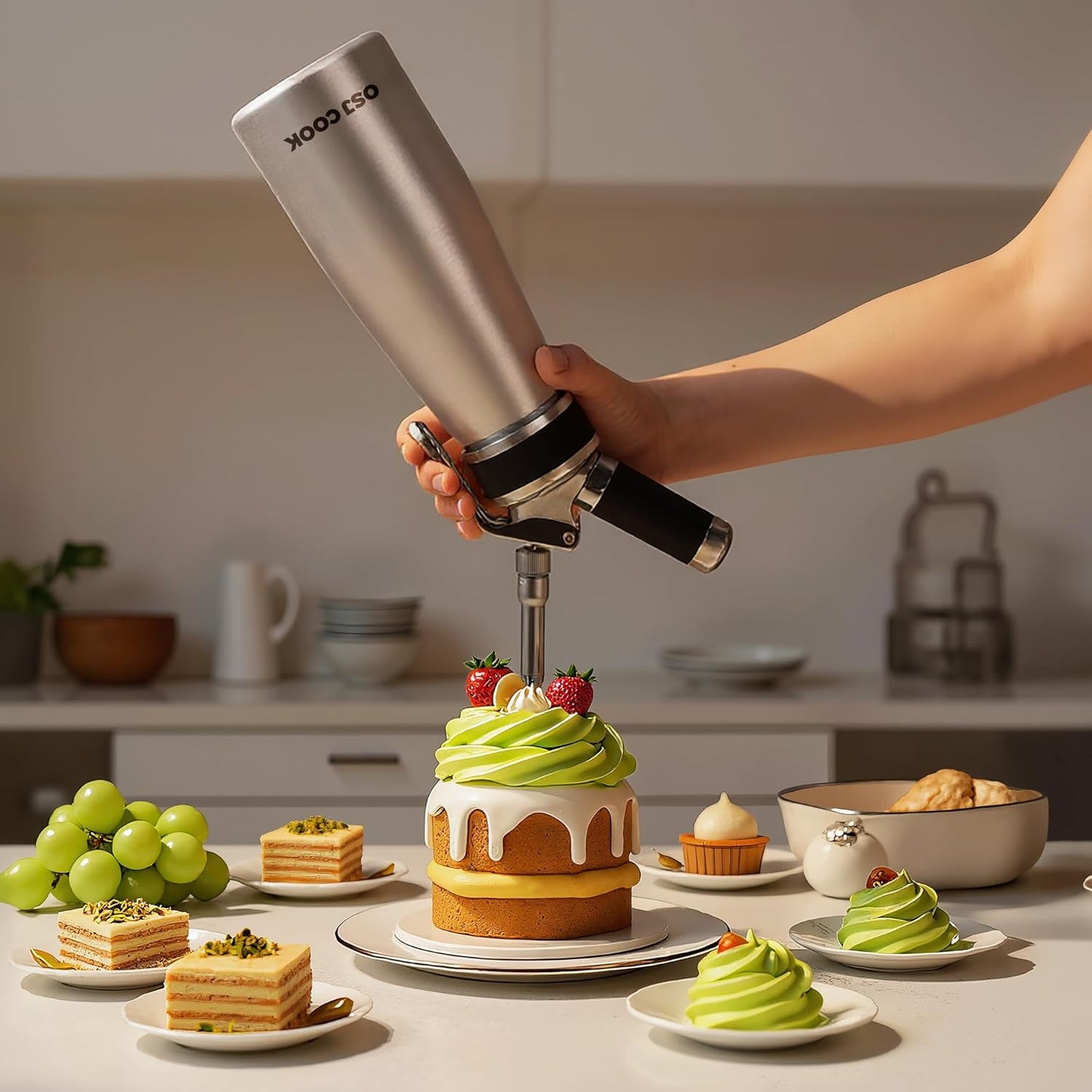 Skiennix Professional Aluminum Whipped Cream Dispenser - Leak-Free 500 mL Canister with 8 Nozzles & Brush