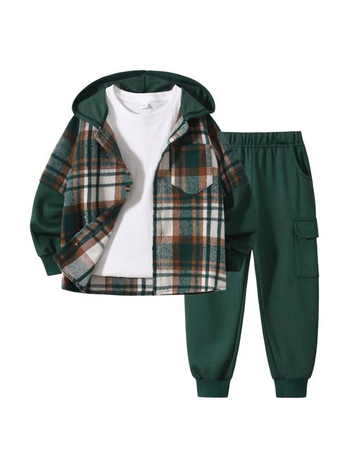 Fdqin Boys Sweatsuit Fall Outfits Flannel Plaid Hoodie Shirt and Casual Sweatpants with Pocket Green 13-14 Years