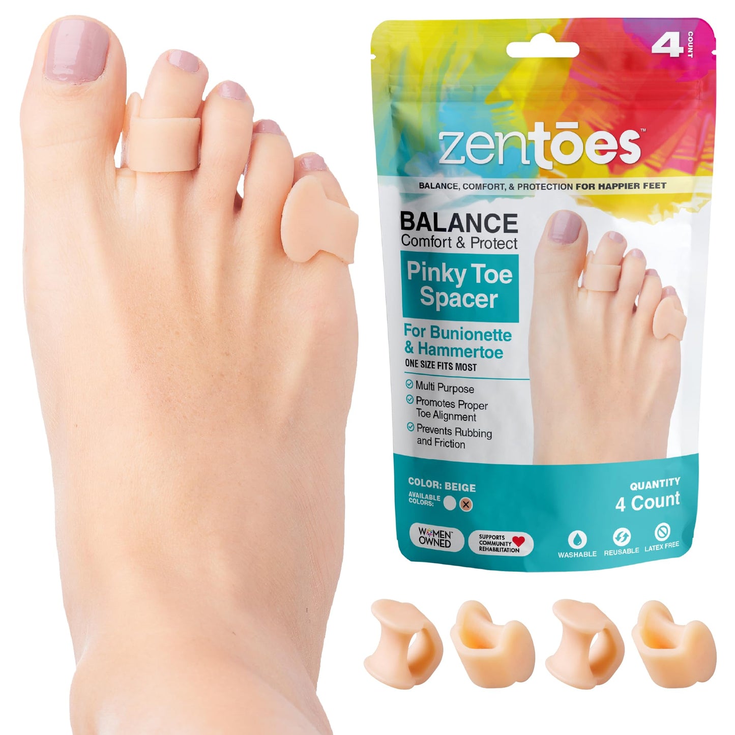ZenToes Pinky Toe Separators | Tailor’s Bunion Corrector for Men & Women | Small Toe Spacers & Hammertoe Straightener | Gel Bunionette Spreader | 4-Pack (Beige)