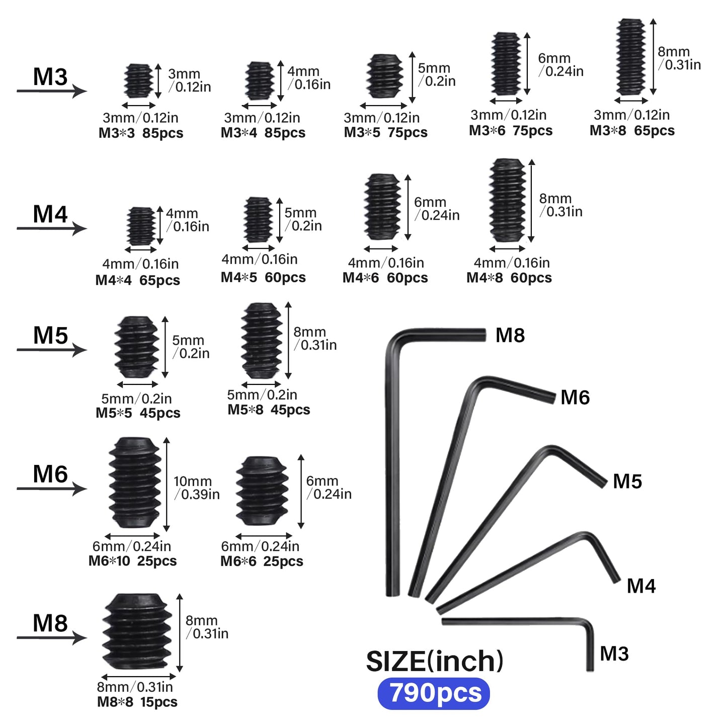 1305PCS Metric + SAE Set Screw Assortment Kit, Internal Hex Drive Headless Set Screw Assortment Kit with 10 Hex Wrenches, M3 to M8 and 1/8-40 to 5/16-18 (Black Alloy Steel)
