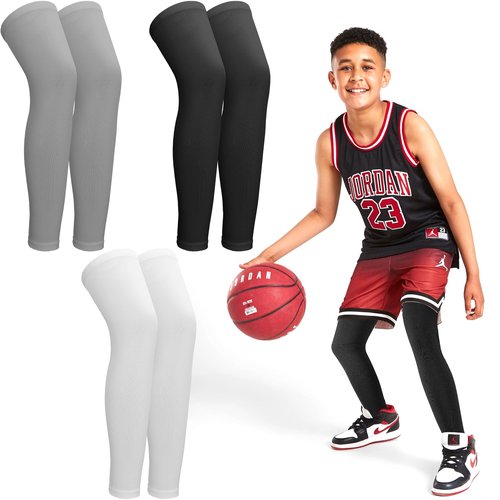 Cptoion 3 Pairs Kids Long Compression Leg Sleeves, Full Length Leg Sleeves UV Protection, Non Slip Basketball Leg Sleeve for Youth Boy Girl Sport Running (Black, White, Gray) (Large)
