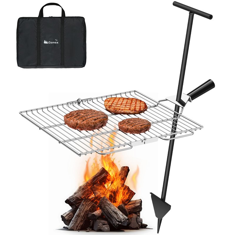Gonex Portable Campfire Grill Grate for Fire Pit Foldable Stainless Steel Grill Height Adjustable Camping Cooking Equipment for RV Outdoor Backyard BBQ Courtyard 15.35"x18.3"