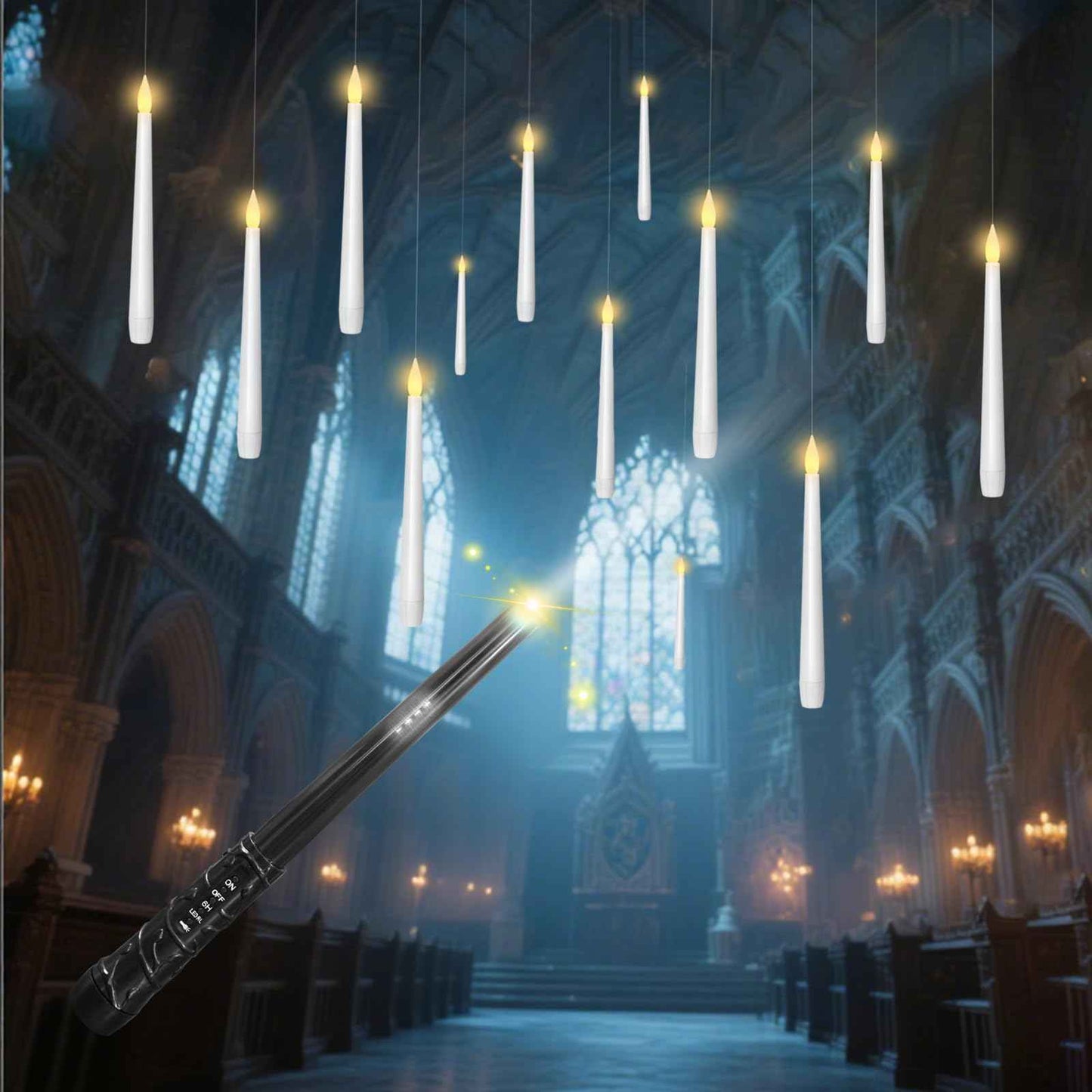 Eebuss Flameless Floating Candles with Magic Wand, 12 Pcs Hanging Flickering LED Taper Candles, Battery Operated Taper Candle with Remote for Children Gift Halloween Decor (White)