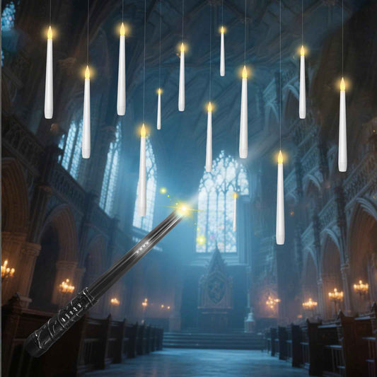 Eebuss Flameless Floating Candles with Magic Wand, 12 Pcs Hanging Flickering LED Taper Candles, Battery Operated Taper Candle with Remote for Children Gift Halloween Decor (White)