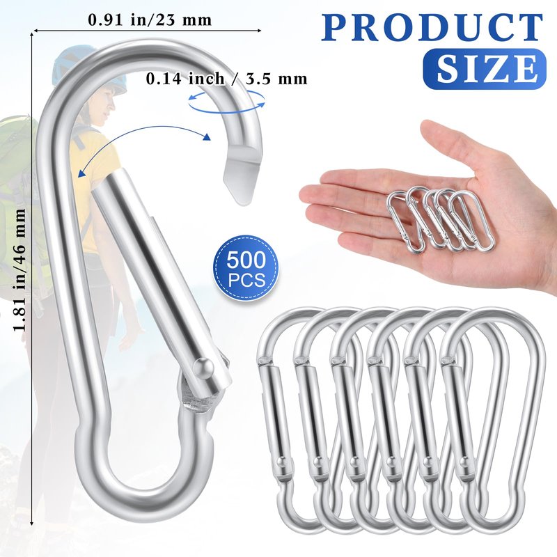 Yaocom 500 Pcs 2" Spring Snap Hooks Bulk Small Aluminum Alloy Clip Keychain Spring Snap Hook for Hanging Camping Hiking Traveling Fishing Outdoor (Silver)