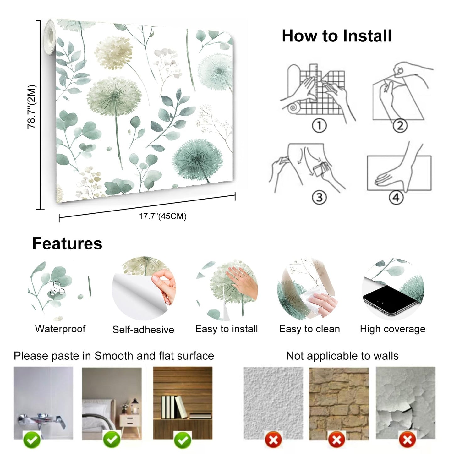 Wookmmy Sage Green Leaf Dandelion Peel and Stick Wallpaper Modern Botanical Eucalyptus Contact Paper Removable Waterproof Self Adhesive Wallpaper for Bedroom Bathroom Cabinets Farmhouse 17.7"x78.7"
