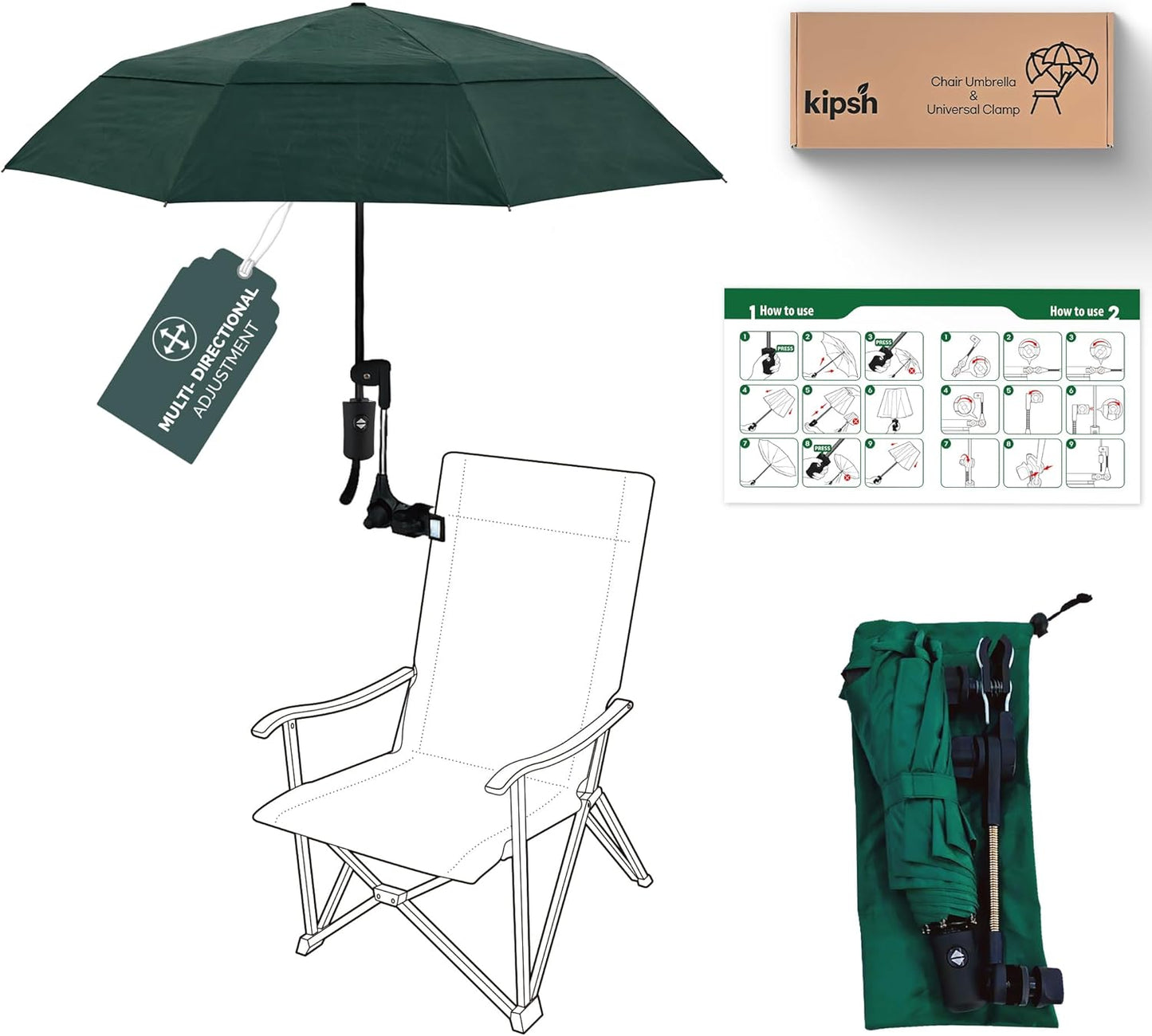 Universal Adjustable Clamp Beach Chair Umbrella by [Brand Name] - Lightweight Portable Sunshade for Strollers, Pools, and Camping (Dark Green)