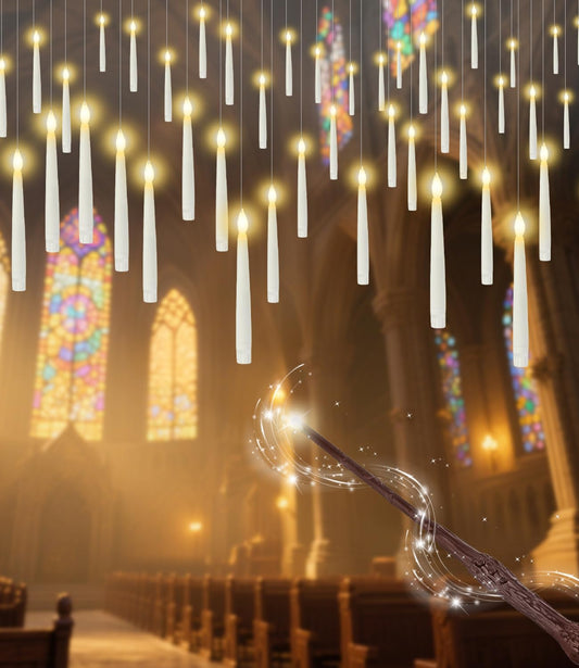 Halloween Decor 12 PCs Hanging Floating Candles with Magic Wand Remote (Include 13 Built-in Battery) Flickering Warm Light Led Candles for Indoor Window Classroom Bedroom Party Christmas Birthday Gift