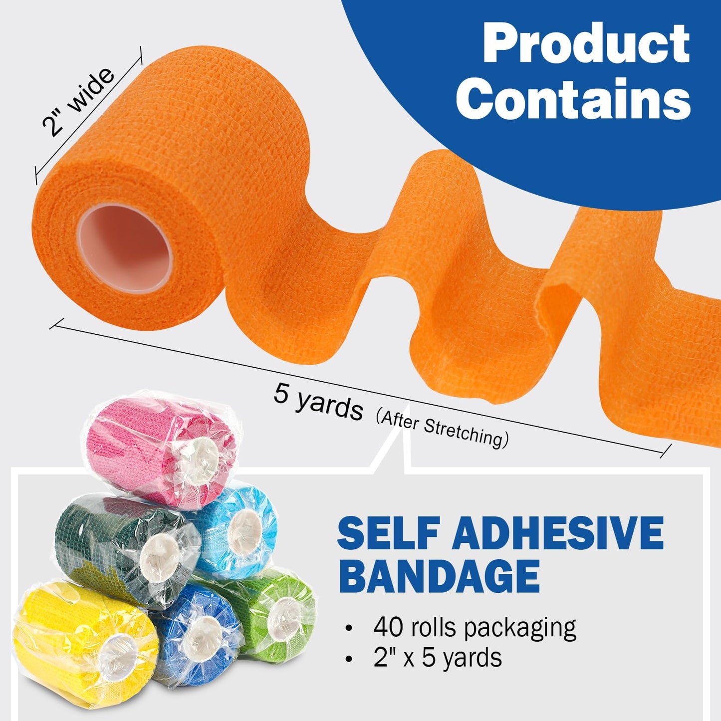 AZEN 40 Pack Self Adhesive Bandage Wrap, 2" X 5 Yards Elastic Cohesive Bandage Wrap, Color Athletic Tape, Vet Wrap, Ankle Tape, Tattoo Grip Tape Wrap