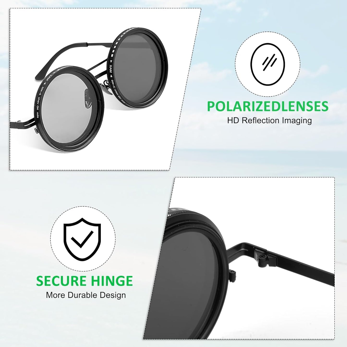 Skiennix Adjustable Tint Sunglasses - Round Polarized Glasses with Manual Tint Control & ND Filter