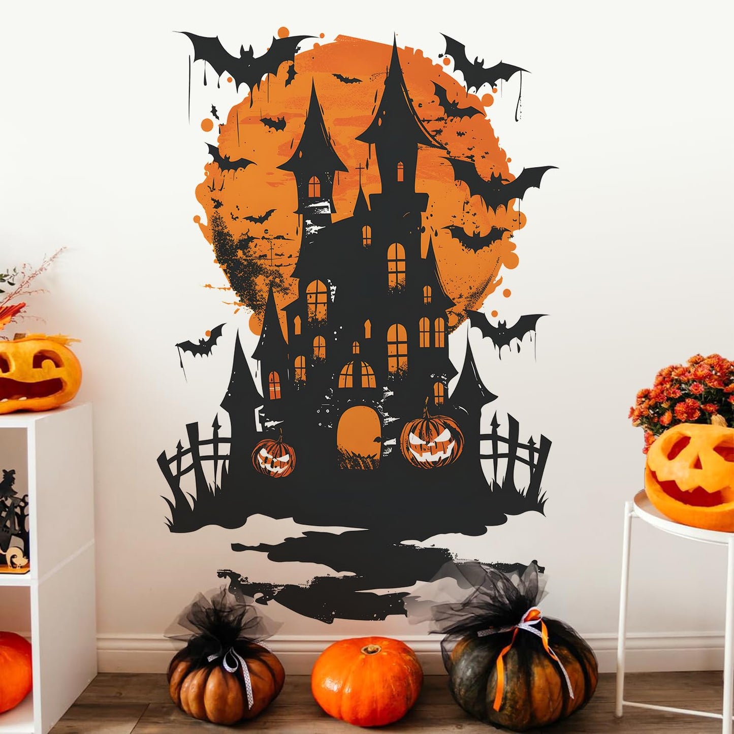 DRWSSR 2 Sheets Halloween Wall Stickers: Removable Bats Moon Pumpkin Wall Art DecalStickers - Peel & Stick for Indoor DIY Wall Art