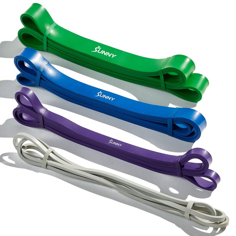 Sunny Health & Fitness Natural Latex Resistance Bands (Single or Combo Set) – 100, 140, 160, 180 & 15–95 LB for Strength Training, Squat Rack, Power Cage, Home Gym, Stretching, Physical Therapy