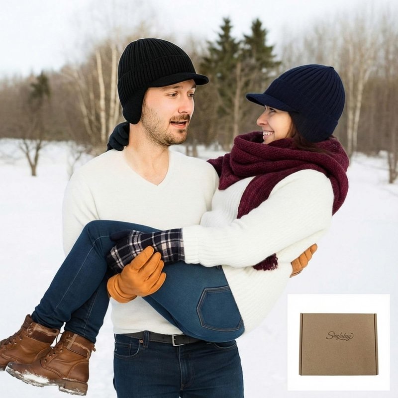 Simlakey 2 Pcs Winter Hats with Brim and Ear Flap Fleece Winter Beanie Hat Outdoor Warm Lined Knit Hat for Men Women(Black, Navy Blue)
