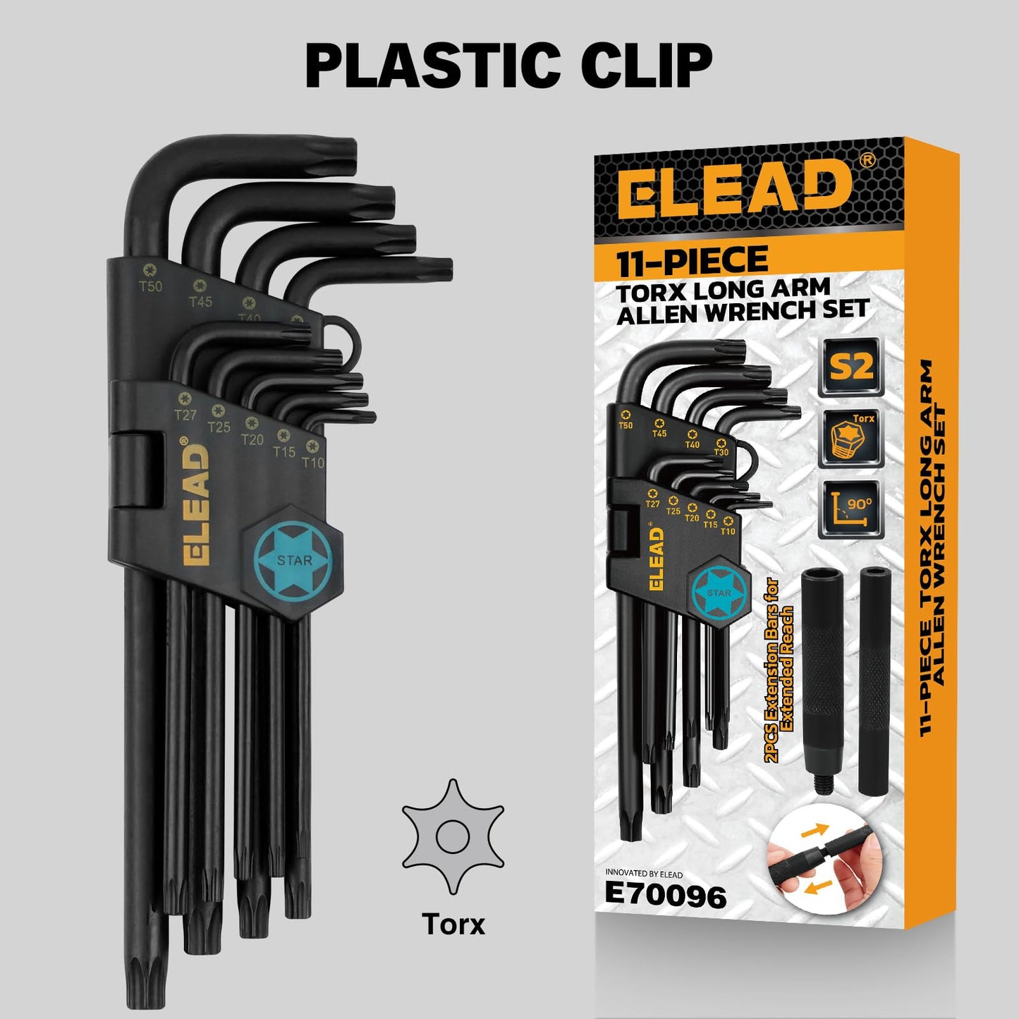 ELEAD 11-Piece Torx Star Allen Wrench Set with Extension Bar, Long Arm Torx Key Set T10-T50, Heat-Treated S2 Steel