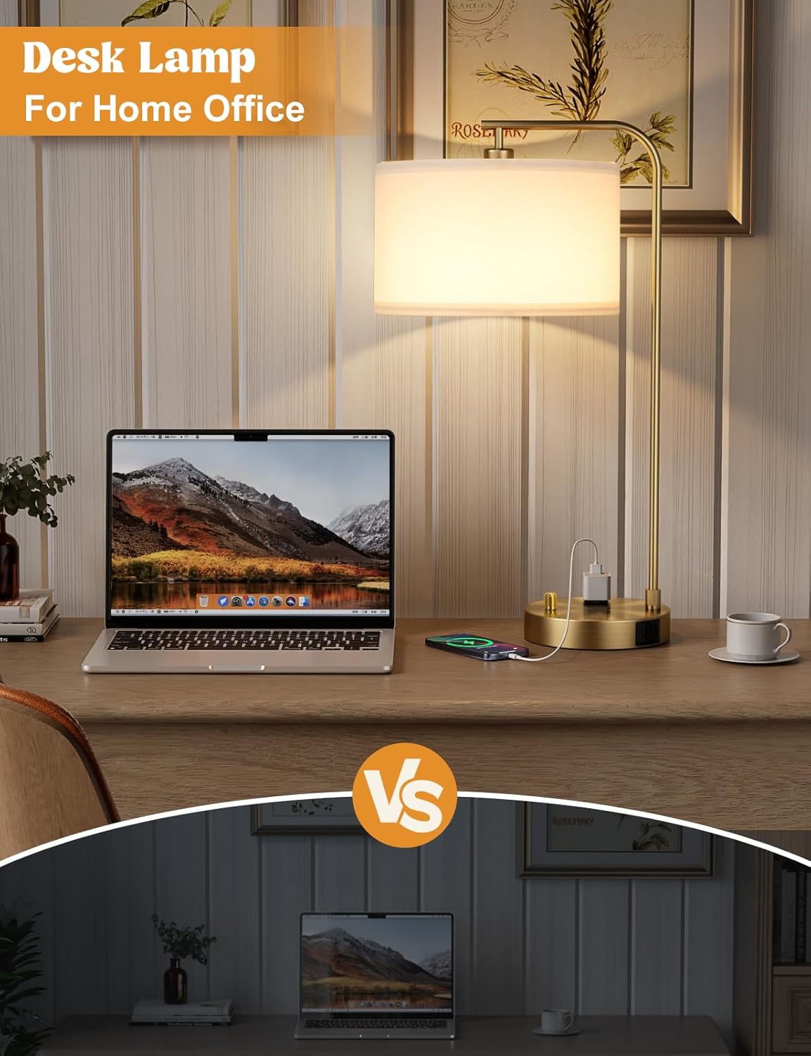 Dimmable Tall Table Lamp with USB Port & Outlet - Linen Shade Bedside Desk Lamp for Bedroom, Living Room, Home Office