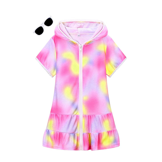 LUCKYGAL Big Girls Swim Coverup Kids Beach Cover up Terry Beach Pool with Sunglasses, Size 12 13