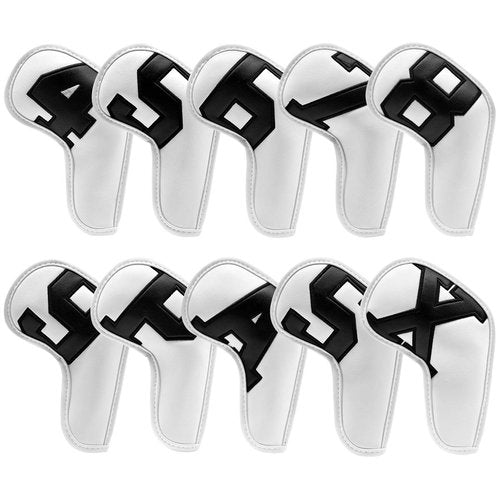 Barudan Golf Iron Club Head Covers Set Headcovers for Callaway Ping S5 - Big Colorful Number - Long Neck - Black Pu Leather fits Small Standard Oversized Golf Clubs 10pcs/Pack (White+Black Number)