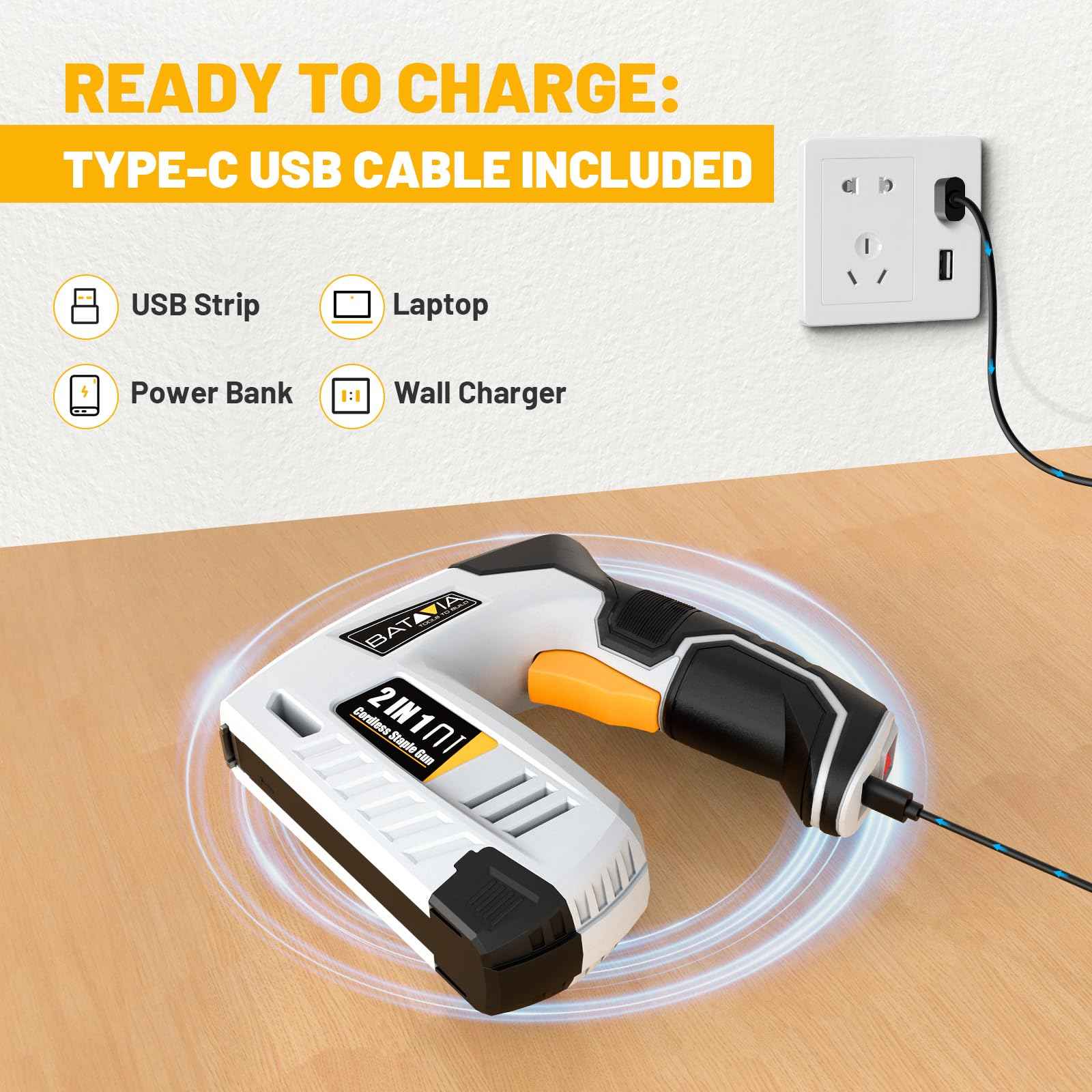 BATAVIA Electric Staple Gun, 2-in-1 Cordless Brad Nailer & Stapler Kit with 2000Pcs Nails & Staples, 4V Lithium-ion Rechargeable Nail Gun for Upholstery, Wood Working, DIY Home Projects