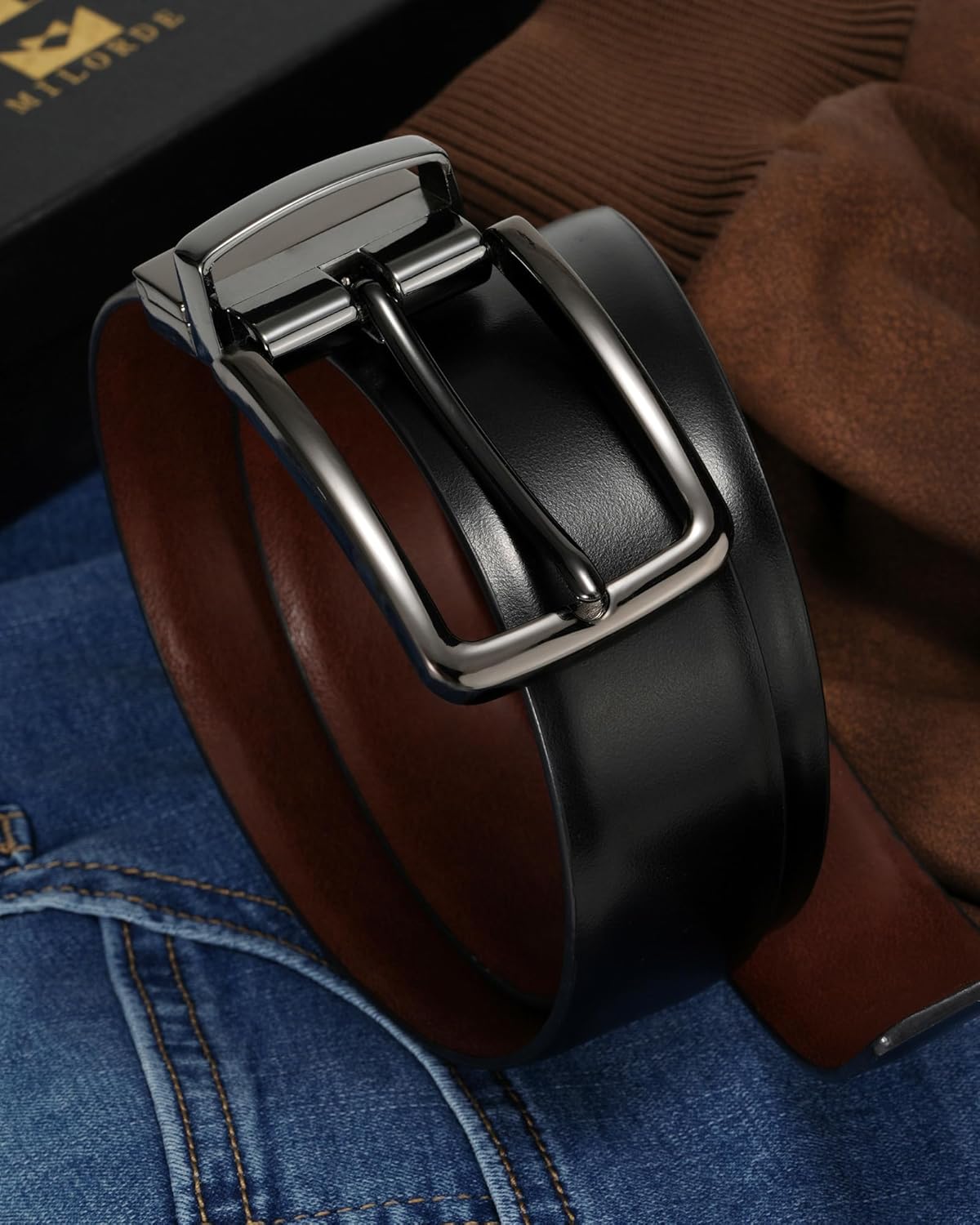 MilorDE Reversible Leather Belt for Men - Adjustable Size - Dual Style Design in One Belt