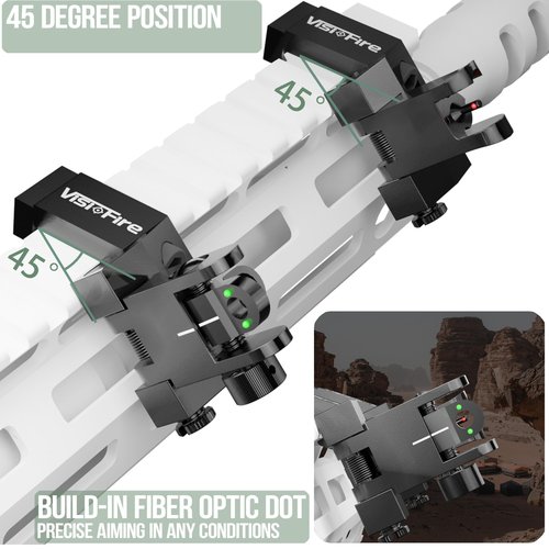 Classic 45 Degree Offset Iron Sights| Flip Up Fiber Optic Sights with Red Green Dots| Tool-Free Adjustable Back Up Canted Iron Sights Rapid Transition
