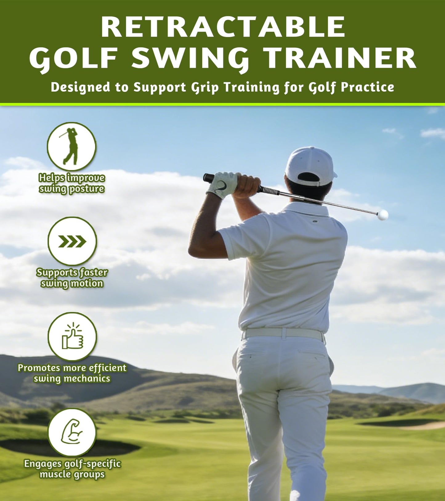 LUCKYOPERA Retractable Golf Swing Training Aid, Golf Grip Trainer with Rhythm Click Sound, Strength and Tempo Trainer for Chipping and Full Swings (Red)