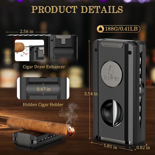 XIFEI Cigar Torch Lighter, 5-in-1 Refillable Butane Lighter with Cigar Cutter V Cut, Cigar Punch, Cigar Draw Enhancer, Cigar Holder, Multifunctional Windproof Lighters Triple Jet Flame (Black)