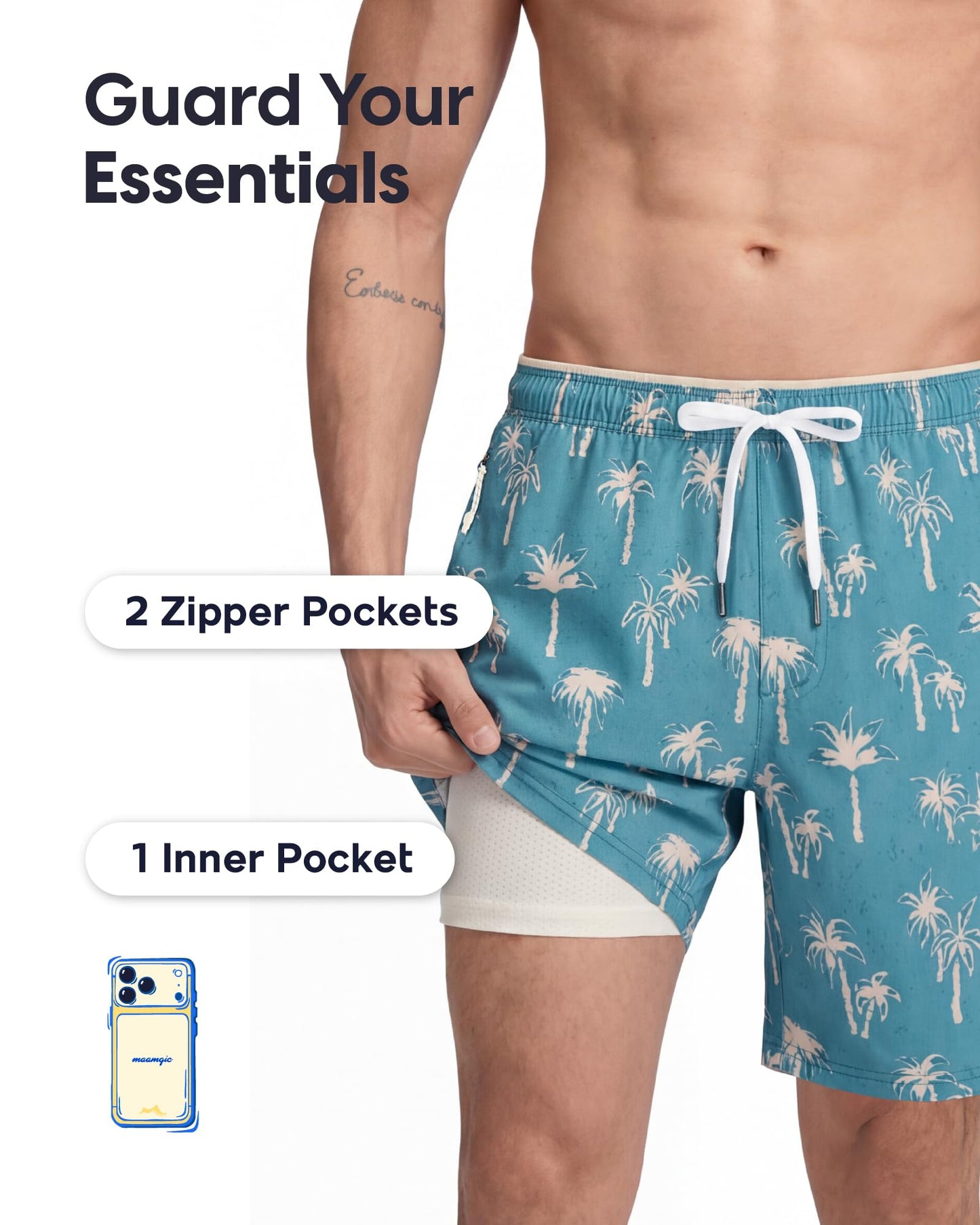 maamgic Mens Swim Trunks 9" with Zipper Pockets, Quick Dry Board Shorts, 4-Way Stretch Compression Lined Bathing Suits, Effortless Flex for Beach, Vacation, Cruise Coconut Tree Gradient Blue Medium