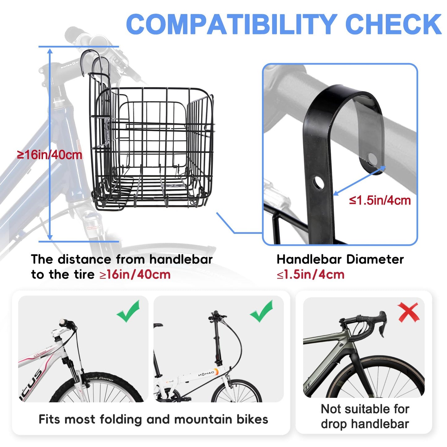 Bike Basket Front, Folding Bicycle Basket with Removable Waterproof Liner Bag,Quick Release Design,Rear Hanging Cargo Rack,Bike Accessories Frame Basket for Adult Women Men Carrying Dogs,Pet,Grocery