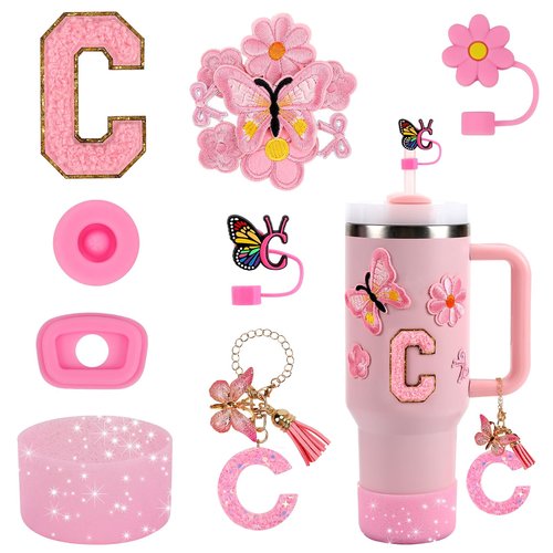 15PCS Cup Accessories Set for Stanley Cup 30oz 40oz Tumbler with Handle, Including Silicone Straw Cover and Boot, Spill Proof Stopper, Stanley Charms, Handle Charm, Initials Sticker (Letter C, Pink)