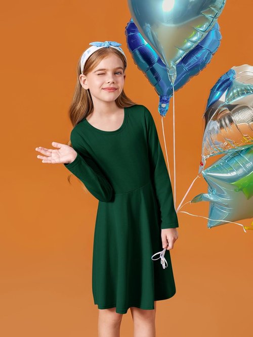 Haloumoning Girls Long Sleeve A-Line T-Shirt Dress - Twirly Skater Style for Ages 5-14