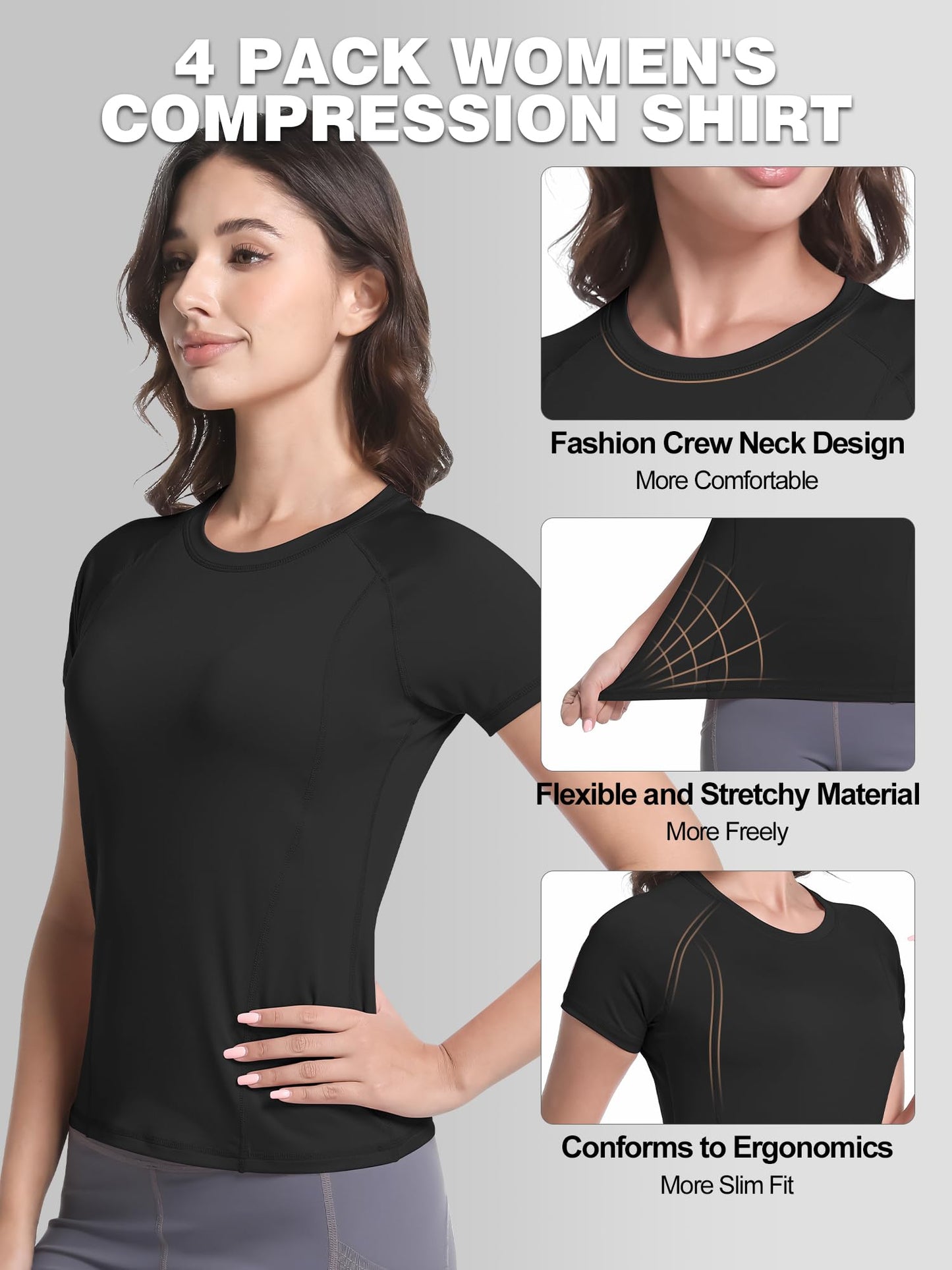 4 Pack Women's Compression Shirt Cool Dry Short Sleeve Underscrub Workout Athletic Tops Baselayer for Yoga Gym Running Small