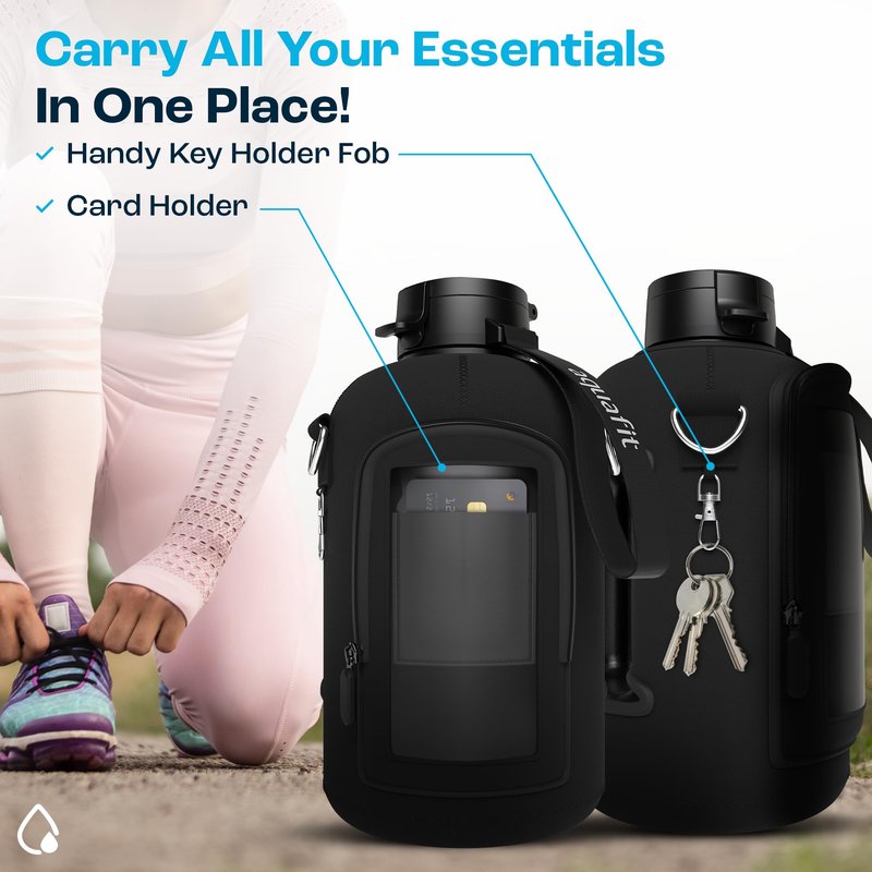 AQUAFIT 1 Gallon Jug Sleeve, Neoprene Water Bottle Bag with Adjustable Shoulder Strap and Pocket, 128 oz Sling Bag, Carrier Bag (Sleeve Only - No Bottle, Black)