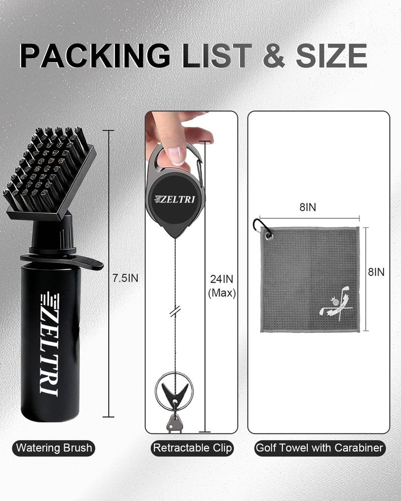 Zeltri Golf Club Brush Cleaner with Retainer Clip and 8.0 x 8.0 in Golf Towel - Holds 4 Oz Water Durable Nylon Bristles for Easy Cleaning Essentials Golf Accessories (1PCS Golf Brush+1PCS Golf Towel)