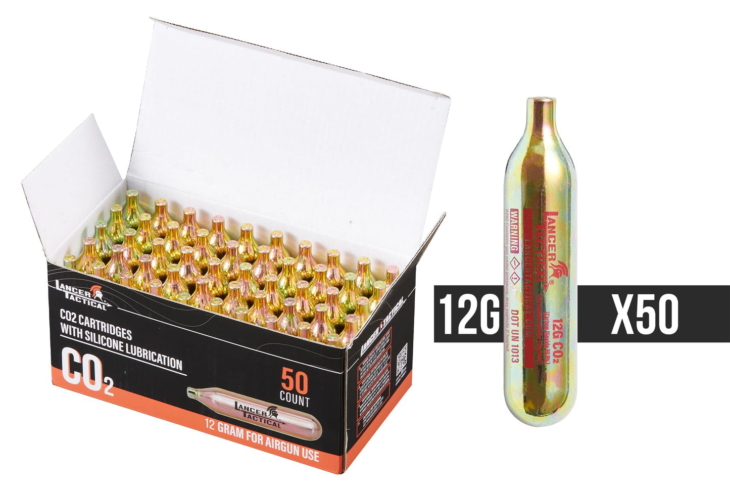 Lancer Tactical High Pressure Oill 12 Gram CO2 Cartridges w/Silicone Oil for Airsoft/Airguns/Defense Launcher- (Pack of 50)