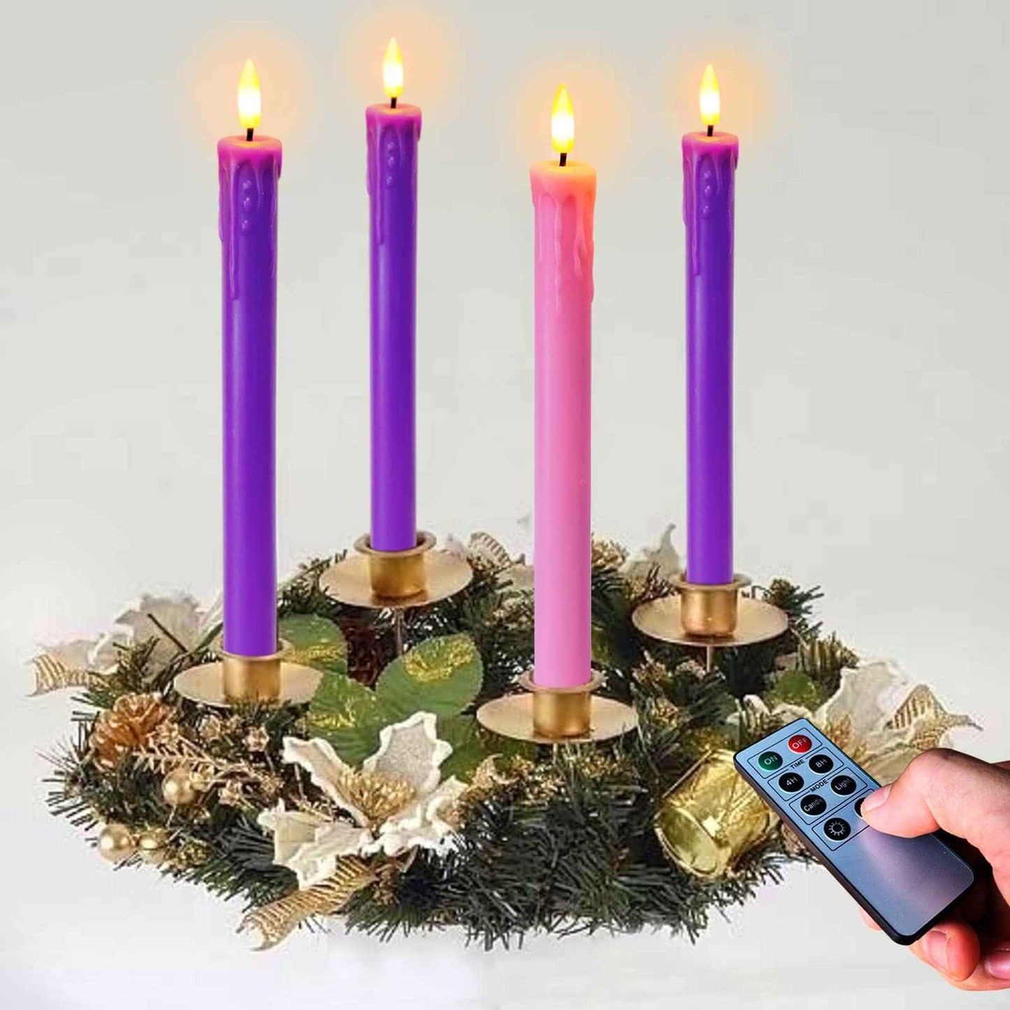Abkshine Set of 4 LED Christmas Candle Lights, Battery Operated Taper Candles for Advent Wreath, 3 Purple 1 Rose Flickering Wax Flameless Candles for Holiday School Church Celebration