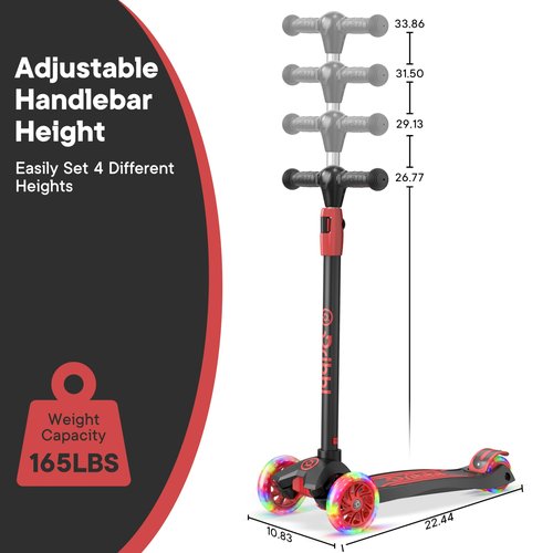 Dribbl 3-Wheel Kids Scooter - Lean-to-Steer Technology, Adjustable Height Handlebar, Anti-Slip Deck, Scooter for Boys & Girls Ages 3+, Child Safety Approved, Support Rider Up To 165 lbs, Black and Red