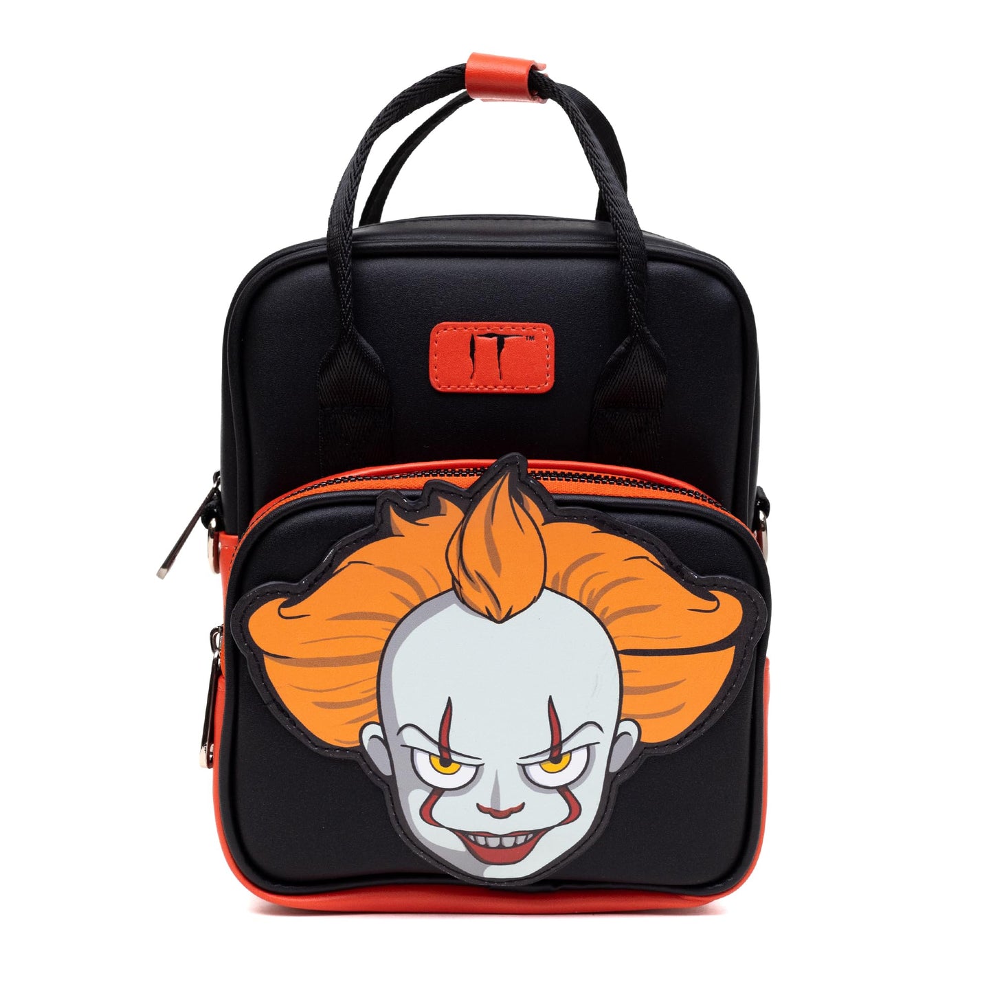 Buckle-Down Horror Movies Vegan Leather Crossbody Backpack for Men and Women with Adjustable Strap, It Pennywise Smiling Face Applique