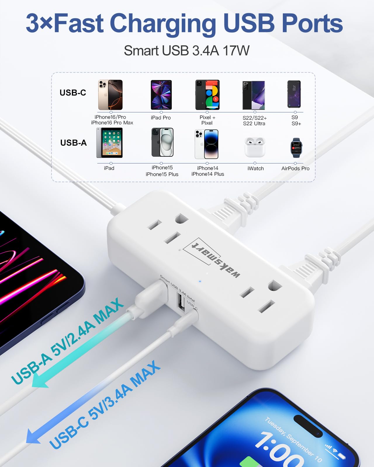 Flat Plug Extension Cord 3 Feet with 4 AC Outlets 3 USB Ports (5V/3.4A 17W), Flat Plug Power Strip Compact for College Dorm, Travel, Home, White