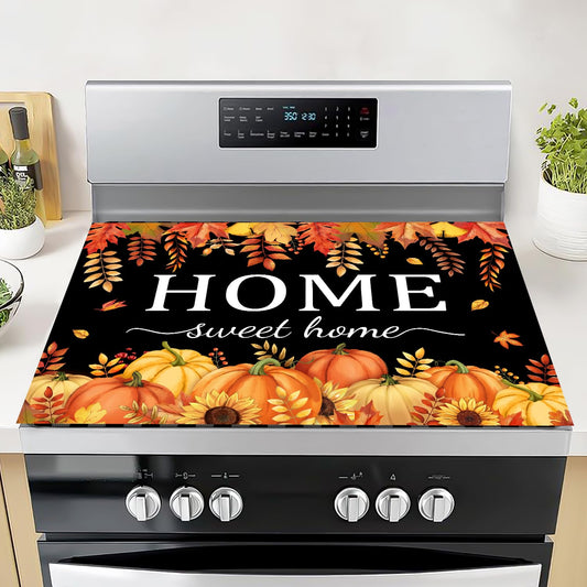 Fall Pumpkin Stove Cover For Electric Stove, 20x28 Glass Stove Top Mat Fall Black Heat Resist Electric Gas Range Mat Sweet Home Decor Glass Top Protector Kitchen Induction Cooktop Pad