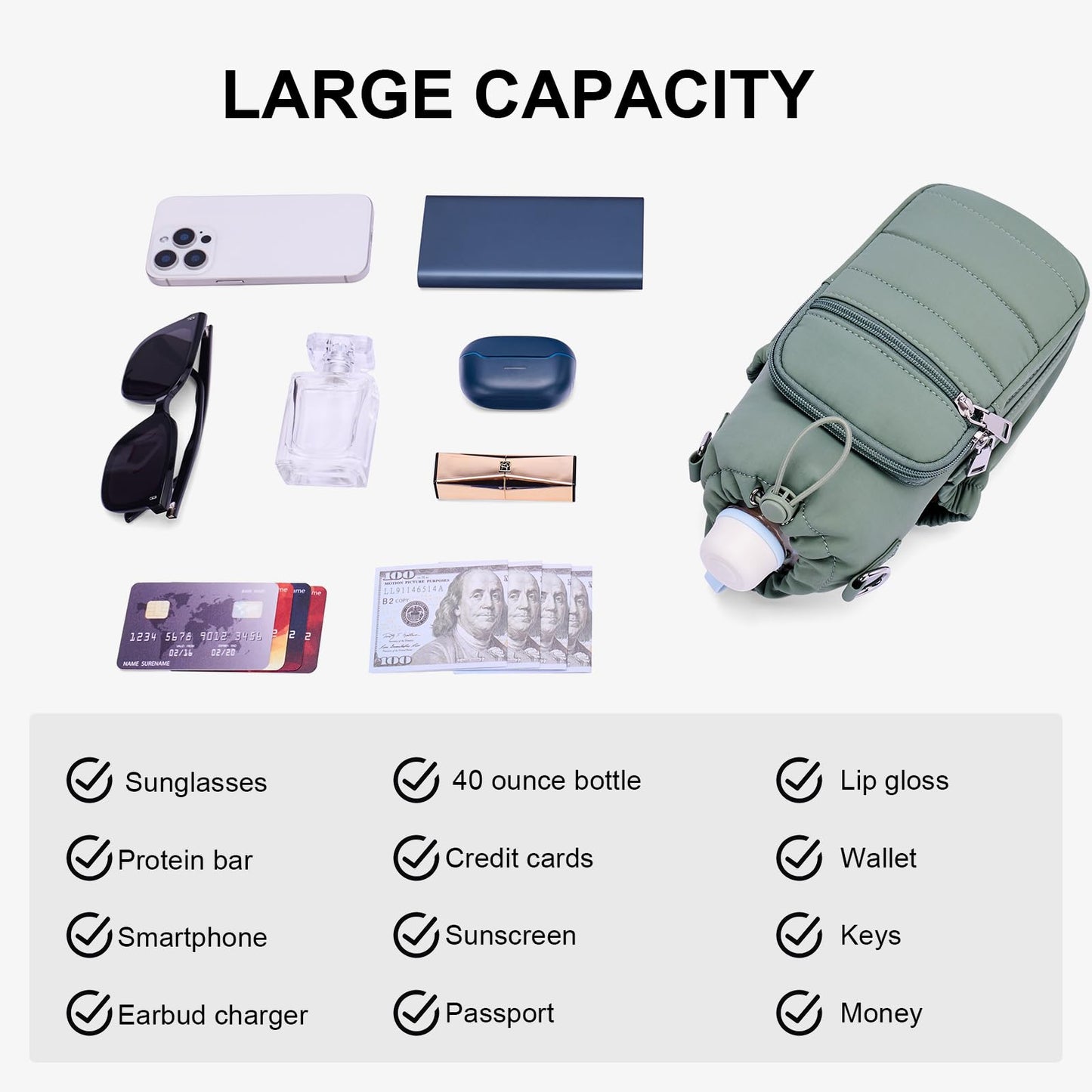 Lexiyat Water Bottle Bag 40 oz Crossbody Water Bottle Holder for Walking Hiking Insulated Compartment Carrier Purse with Adjustable Strap Green