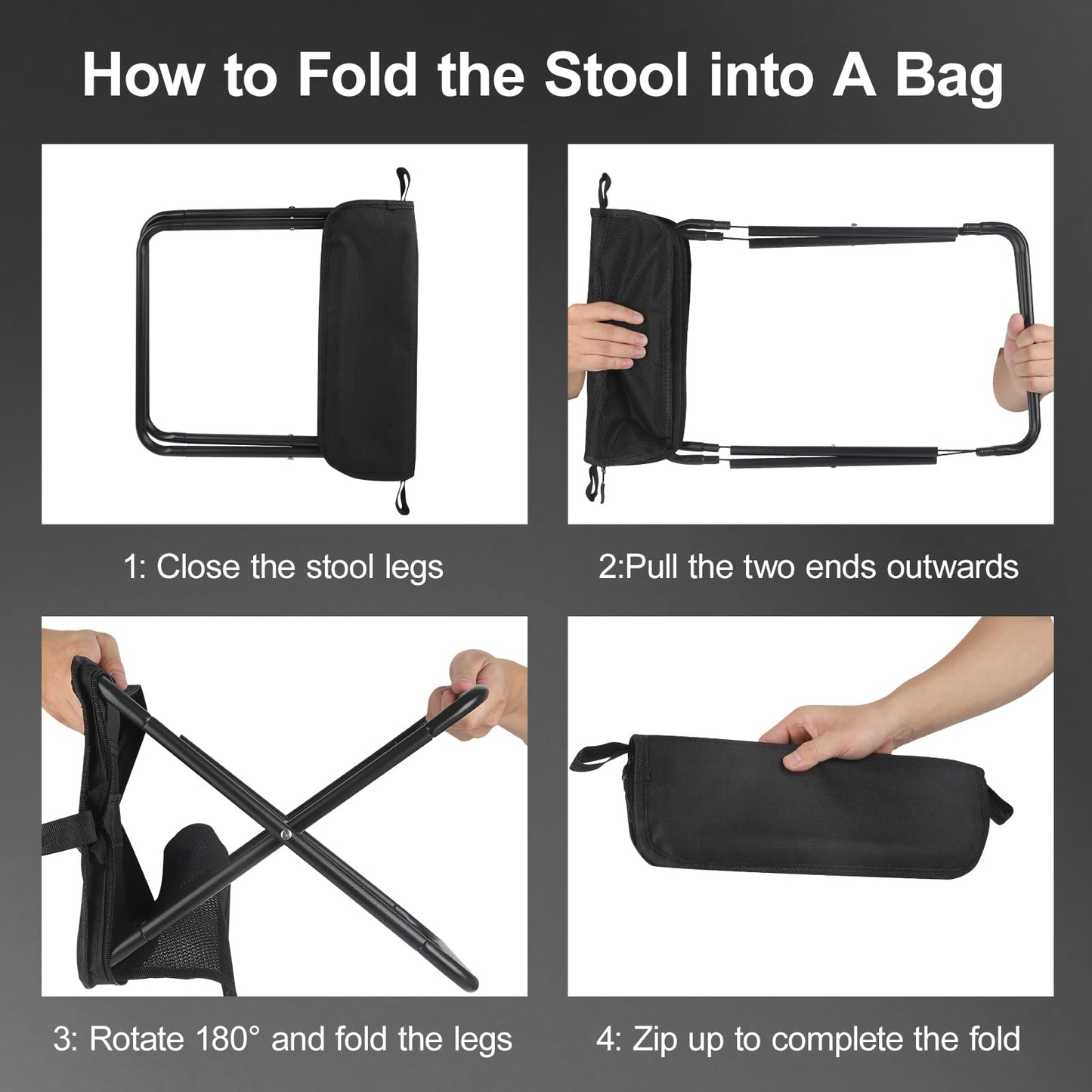 DZ Duozhan Portable Camping Stool - Foldable Backpack Stool 13" with 260lb Capacity, Lightweight Collapsible Stool with Carry Bag & Adjustable Strap for Hiking, Fishing, Beach Outdoor (Black)