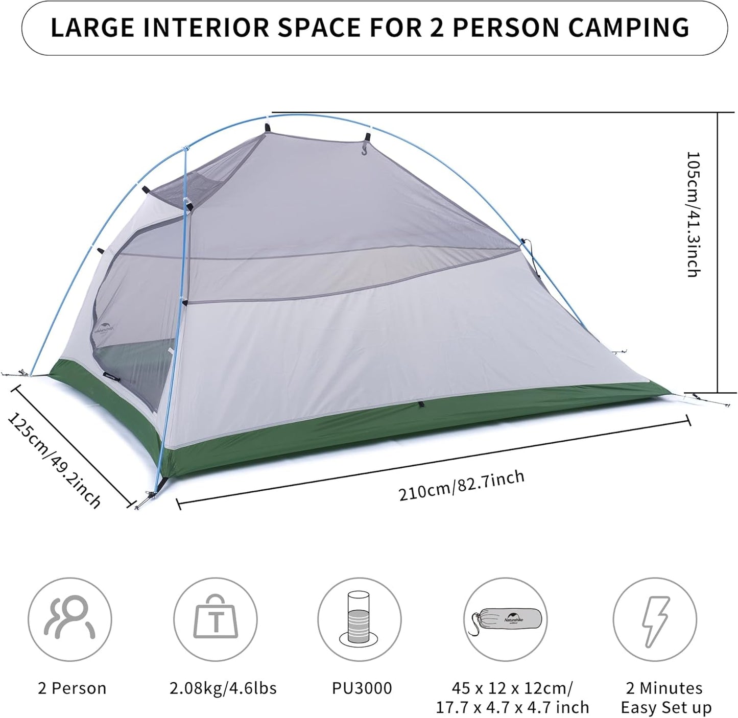 Naturehike Cloud-Up 2 Person Tent - Lightweight Ultralight Backpacking Tent with Footprint | Free Standing Design