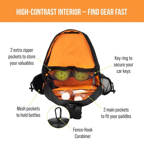 Masaya Compact Pickleball Sling Bag – 18L, Fits 3 Paddles – Lightweight, Durable, Water-Resistant, Minimal Branding, Fence Hook, Water Bottle Holder, Multi-Pocket, Adjustable Strap (Black)