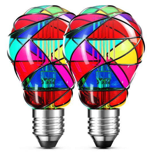 Hompavo Upgraded Dimmable LED Stained Glass Light Bulb, Hand-Painted Colorful E26 A19/A60 3.5W, for Party, Halloween, Christmas, Home, Room, Garden, Balcony Decoration, 2 Pack
