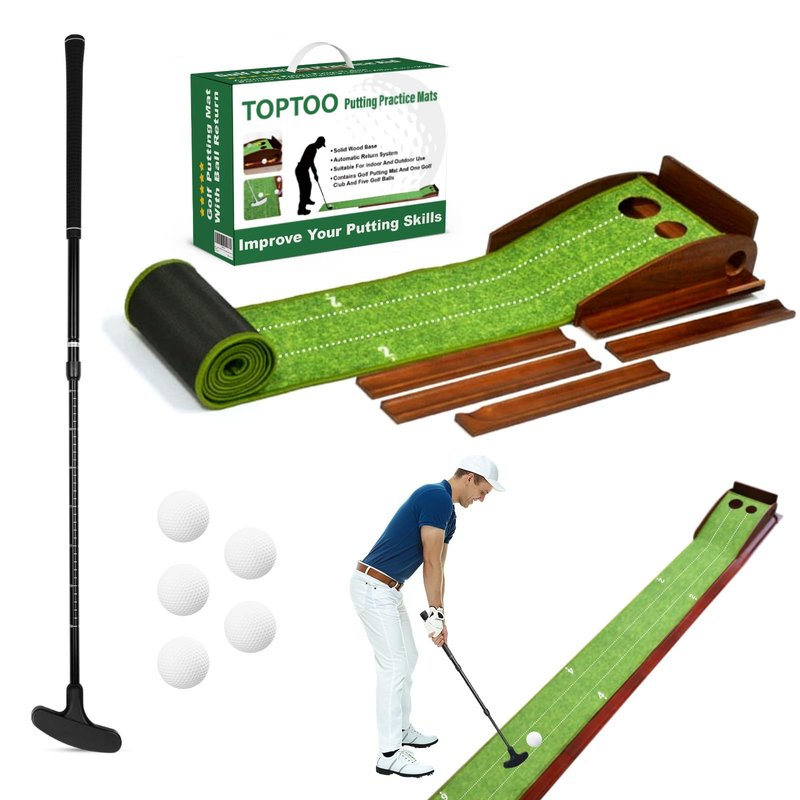 Toptoo Golf Putting Mat with Ball Return, Practice Golf Putting Green Training Aid for Indoor, Outdoor at Home, Office, Backyard with Putter and 5 Balls 9.84 ft